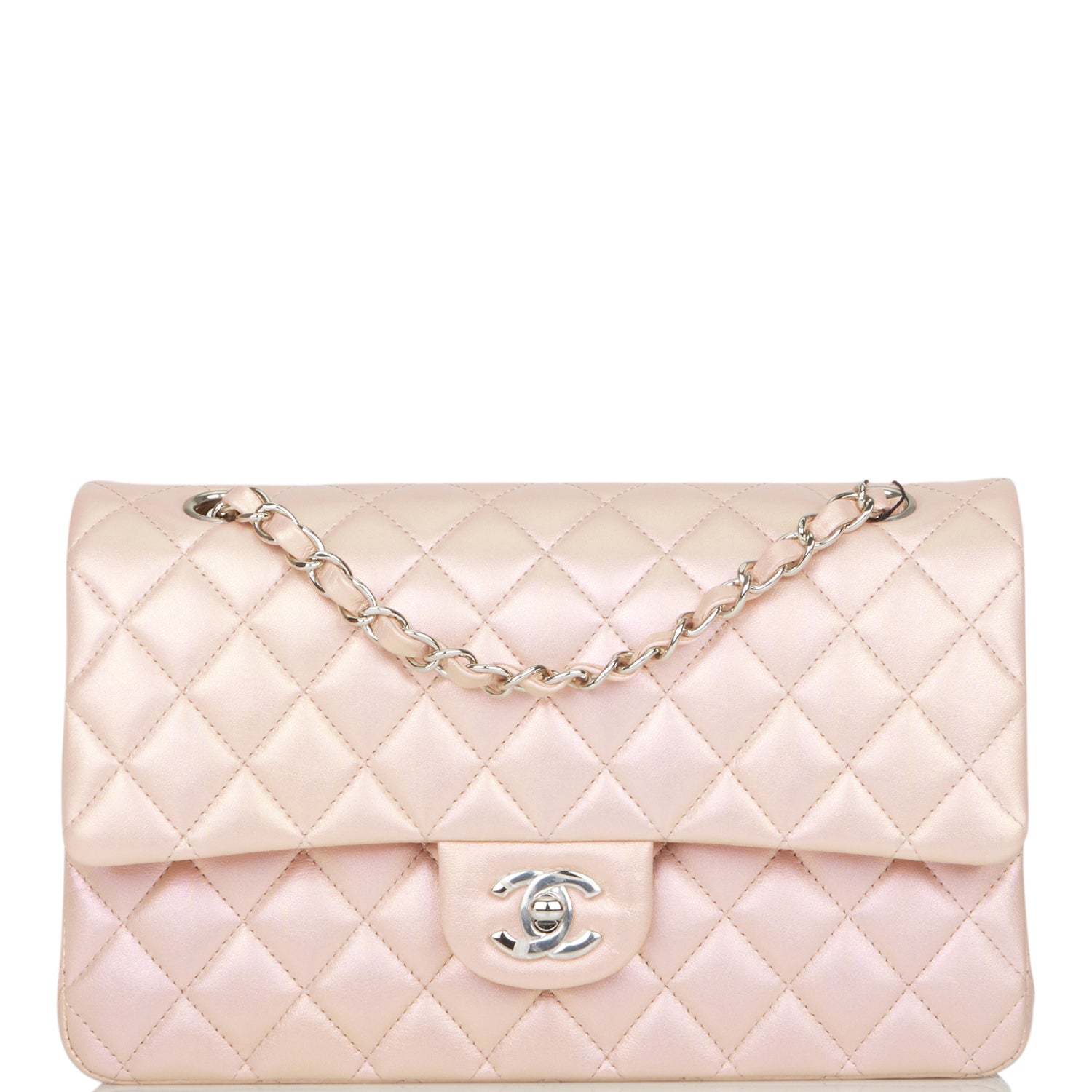 Chanel Medium Classic Double Flap Bag Pink Iridescent Lambskin SiLouis Vuittoner Hardware