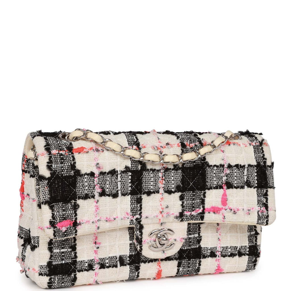 Pre-owned Chanel Medium Classic Double Flap Bag White, Black, and Pink Tweed SiLouis Vuittoner Hardware