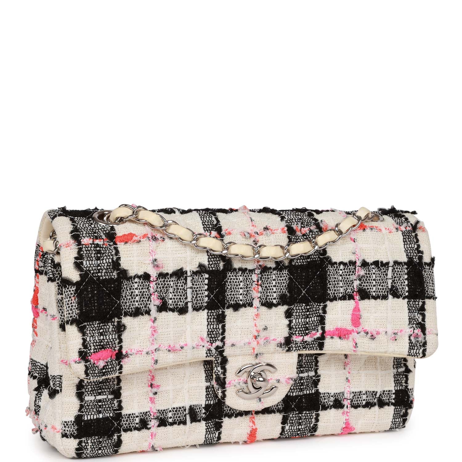 Pre-owned Chanel Medium Classic Double Flap Bag White, Black, and Pink Tweed SiLouis Vuittoner Hardware