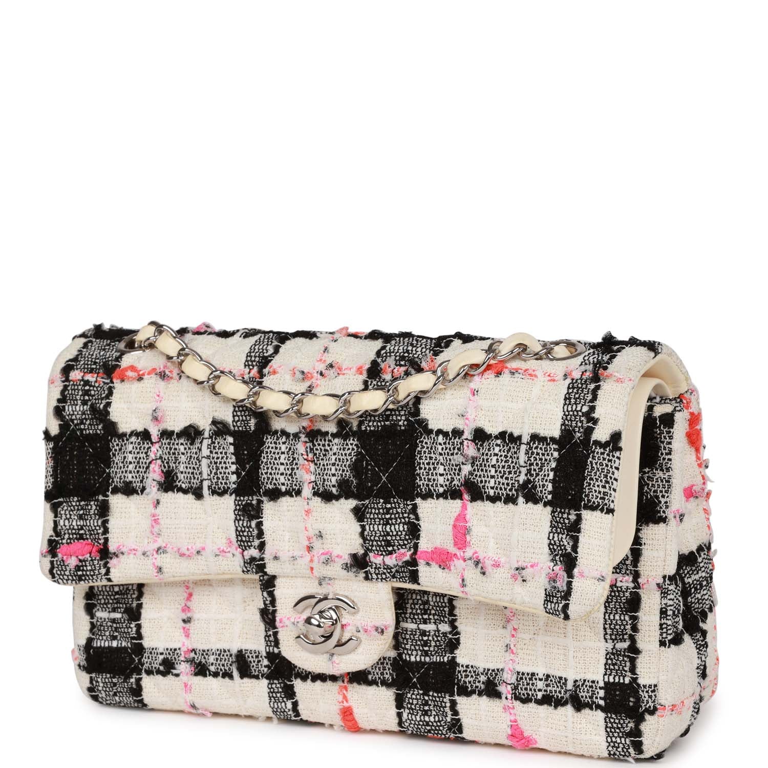 Pre-owned Chanel Medium Classic Double Flap Bag White, Black, and Pink Tweed SiLouis Vuittoner Hardware