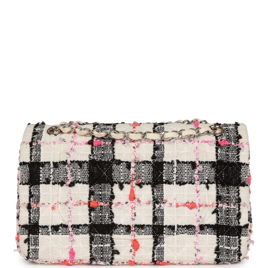 Pre-owned Chanel Medium Classic Double Flap Bag White, Black, and Pink Tweed SiLouis Vuittoner Hardware