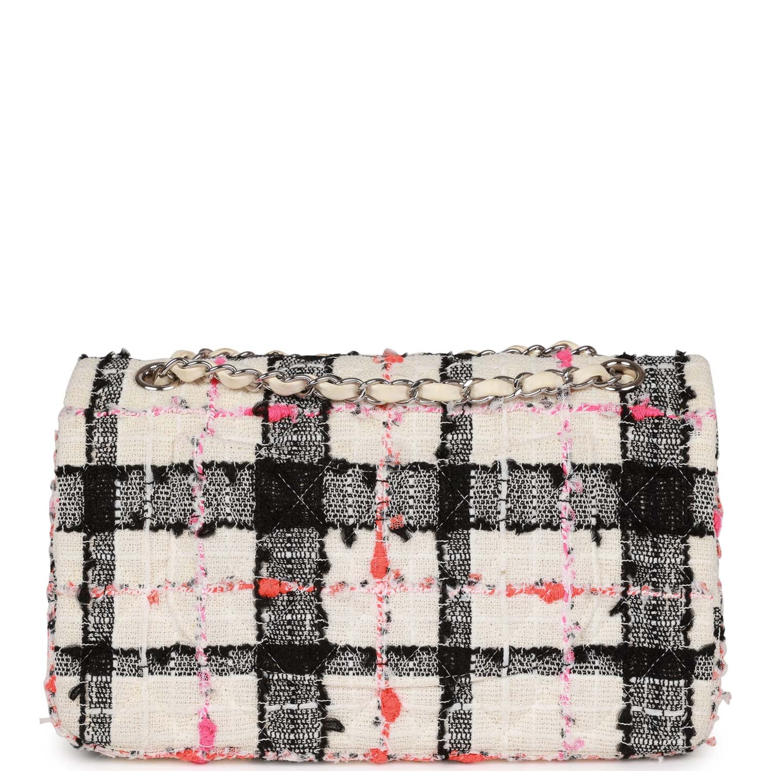 Pre-owned Chanel Medium Classic Double Flap Bag White, Black, and Pink Tweed SiLouis Vuittoner Hardware