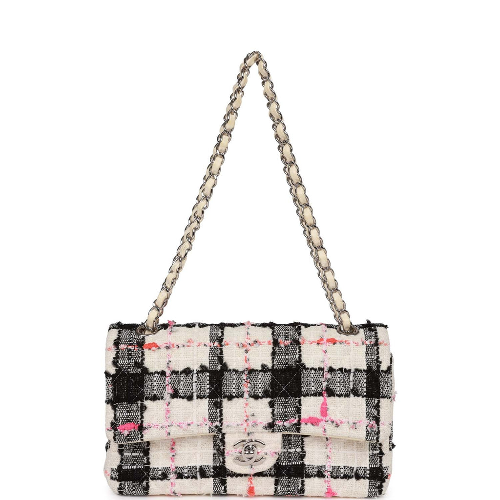 Pre-owned Chanel Medium Classic Double Flap Bag White, Black, and Pink Tweed SiLouis Vuittoner Hardware