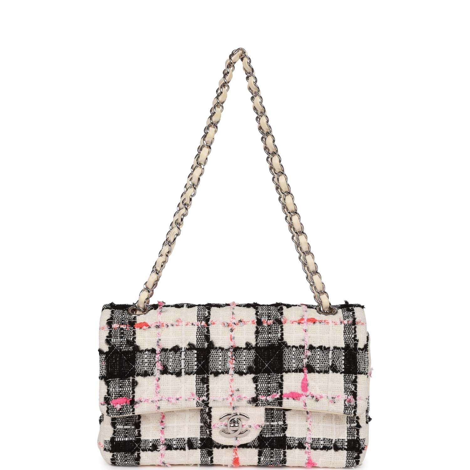 Pre-owned Chanel Medium Classic Double Flap Bag White, Black, and Pink Tweed SiLouis Vuittoner Hardware