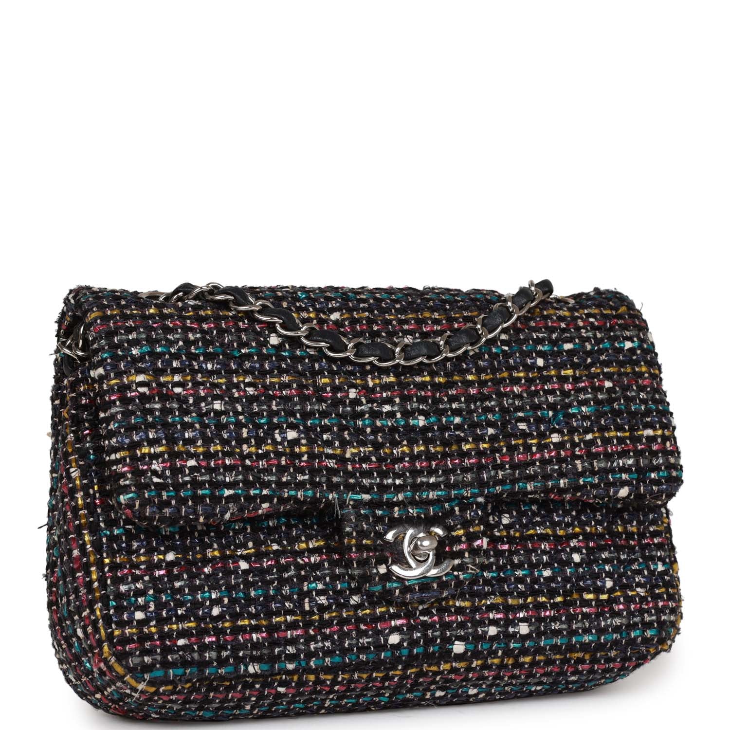 Pre-owned Chanel Medium Classic Double Flap Bag White and Black Tweed Boucle SiLouis Vuittoner Hardware