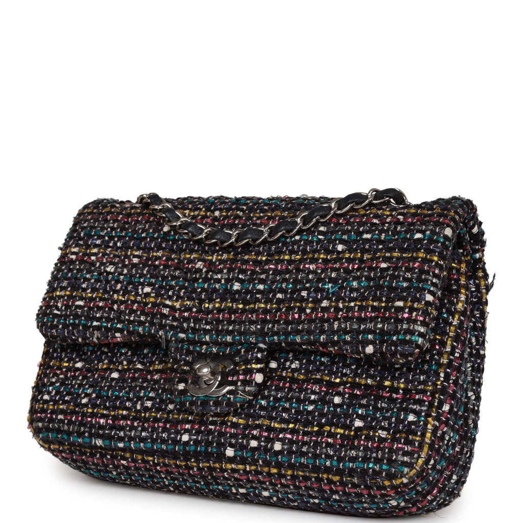 Pre-owned Chanel Medium Classic Double Flap Bag White and Black Tweed Boucle SiLouis Vuittoner Hardware