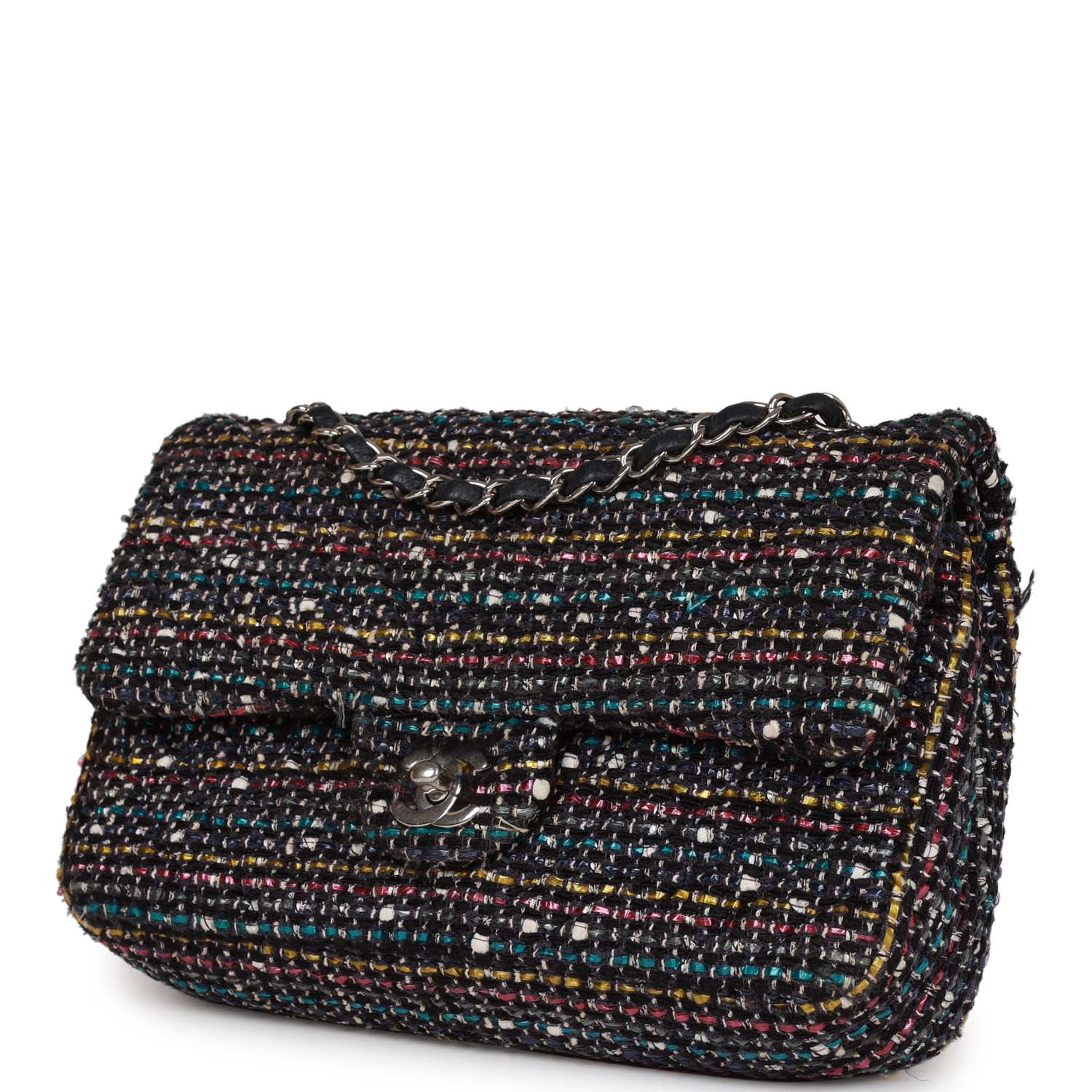 Pre-owned Chanel Medium Classic Double Flap Bag White and Black Tweed Boucle SiLouis Vuittoner Hardware