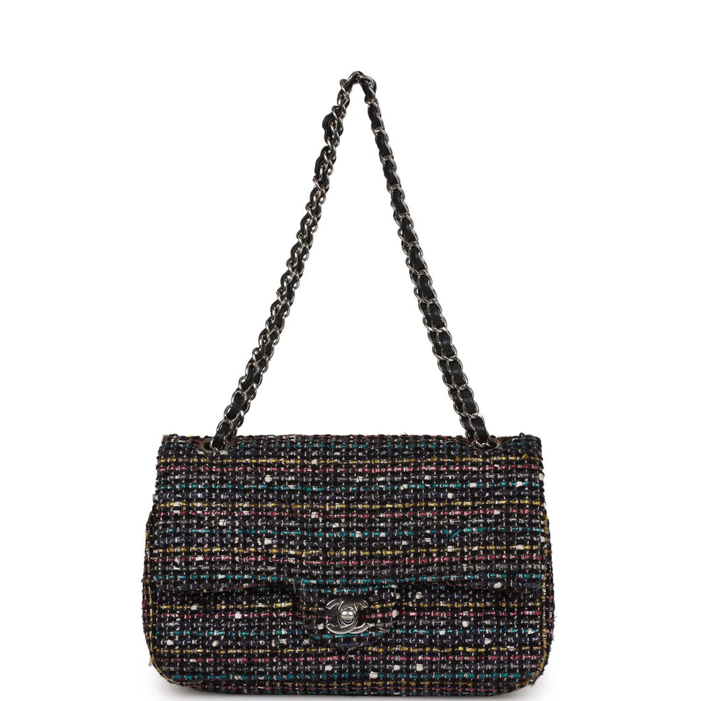 Pre-owned Chanel Medium Classic Double Flap Bag White and Black Tweed Boucle SiLouis Vuittoner Hardware
