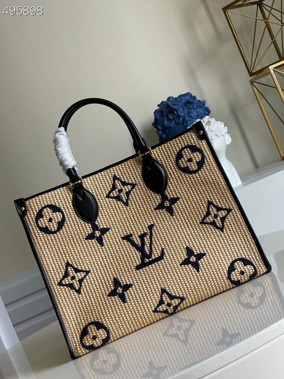 Louis Vuitton OnTheGo MM Tote Bag Monogram Raffia Navy Blue For Women,  Shoulder Bags 13.8in/35cm Louis Vuitton M57723