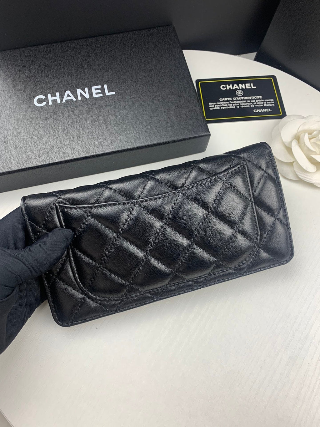 Chanel CHL BLACK QUILTED  CLASSIC LONG FLAP WITH SILVER HARDWARE WALLET 19.5CM