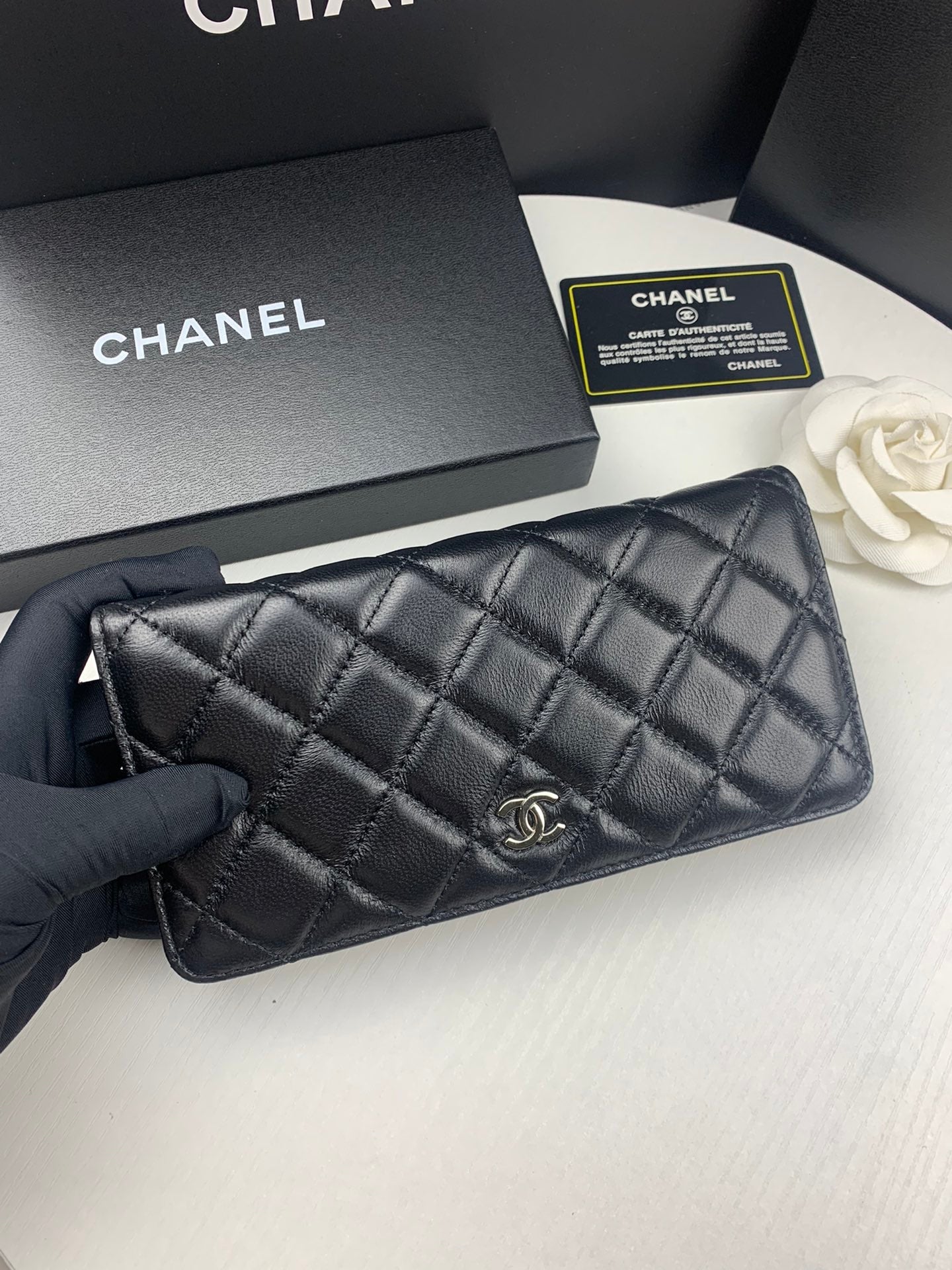 Chanel CHL BLACK QUILTED  CLASSIC LONG FLAP WITH SILVER HARDWARE WALLET 19.5CM