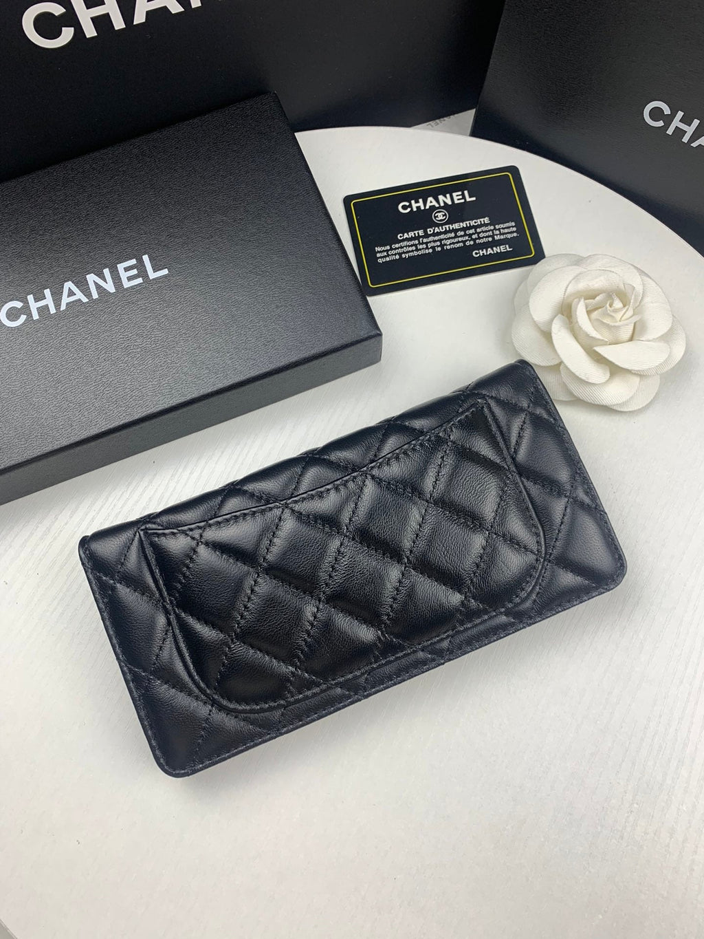 Chanel CHL BLACK QUILTED  CLASSIC LONG FLAP WITH SILVER HARDWARE WALLET 19.5CM