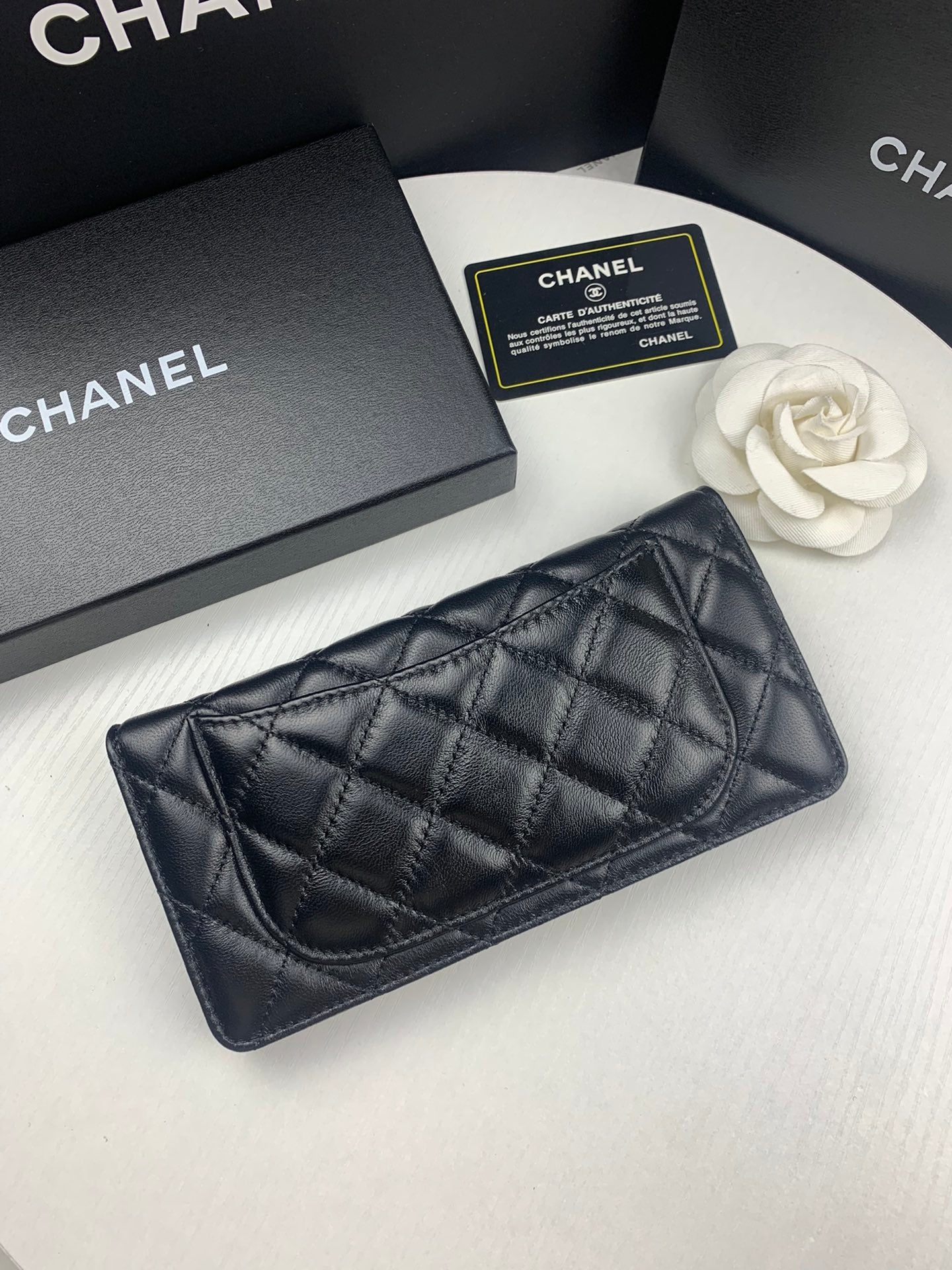 Chanel CHL BLACK QUILTED  CLASSIC LONG FLAP WITH SILVER HARDWARE WALLET 19.5CM