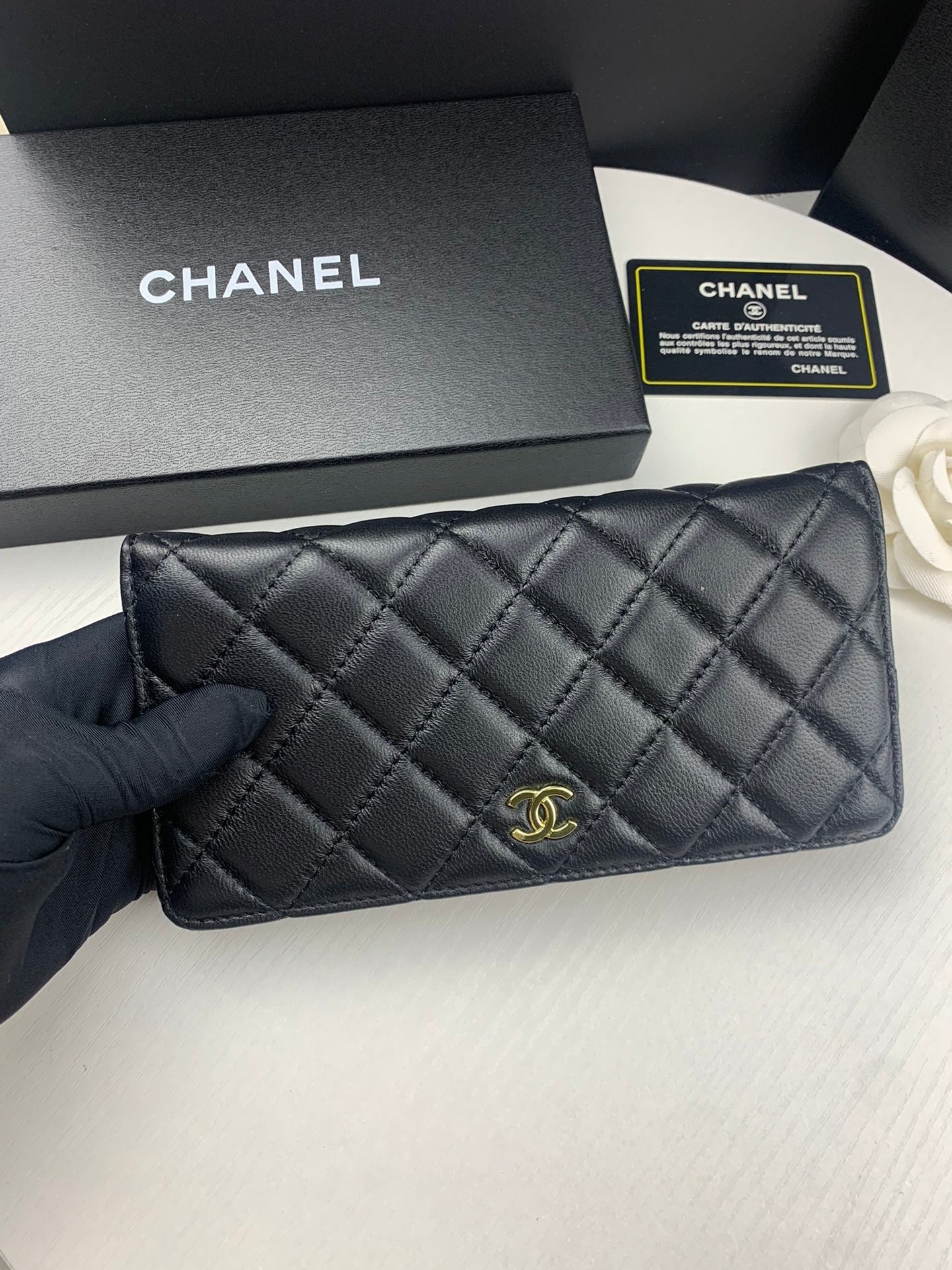 Chanel CHL BLACK QUILTED  CLASSIC LONG FLAP WALLET 19.5CM