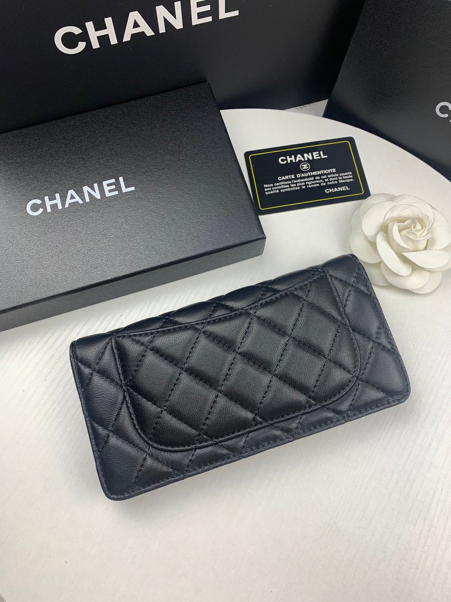 Chanel CHL BLACK QUILTED  CLASSIC LONG FLAP WALLET 19.5CM