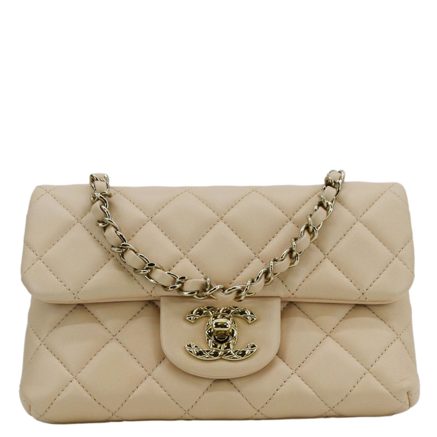 Chanel Mini Rectangular Flap Quilted Leather Crossbody Bag Beige