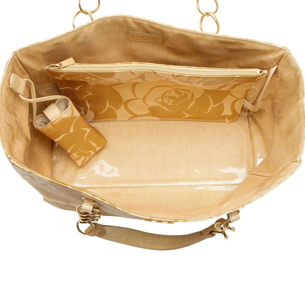 Chanel Vintage Raffia Camellia Print Chain Tote