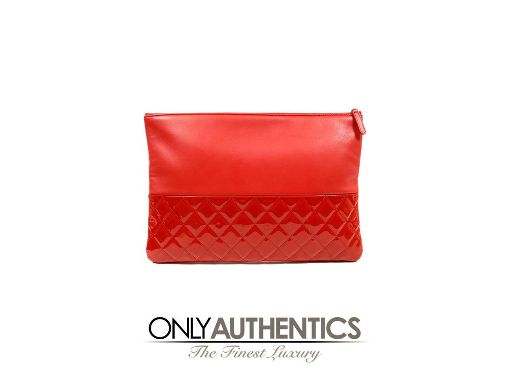 Chanel Red Lambskin and Patent Leather Clutch