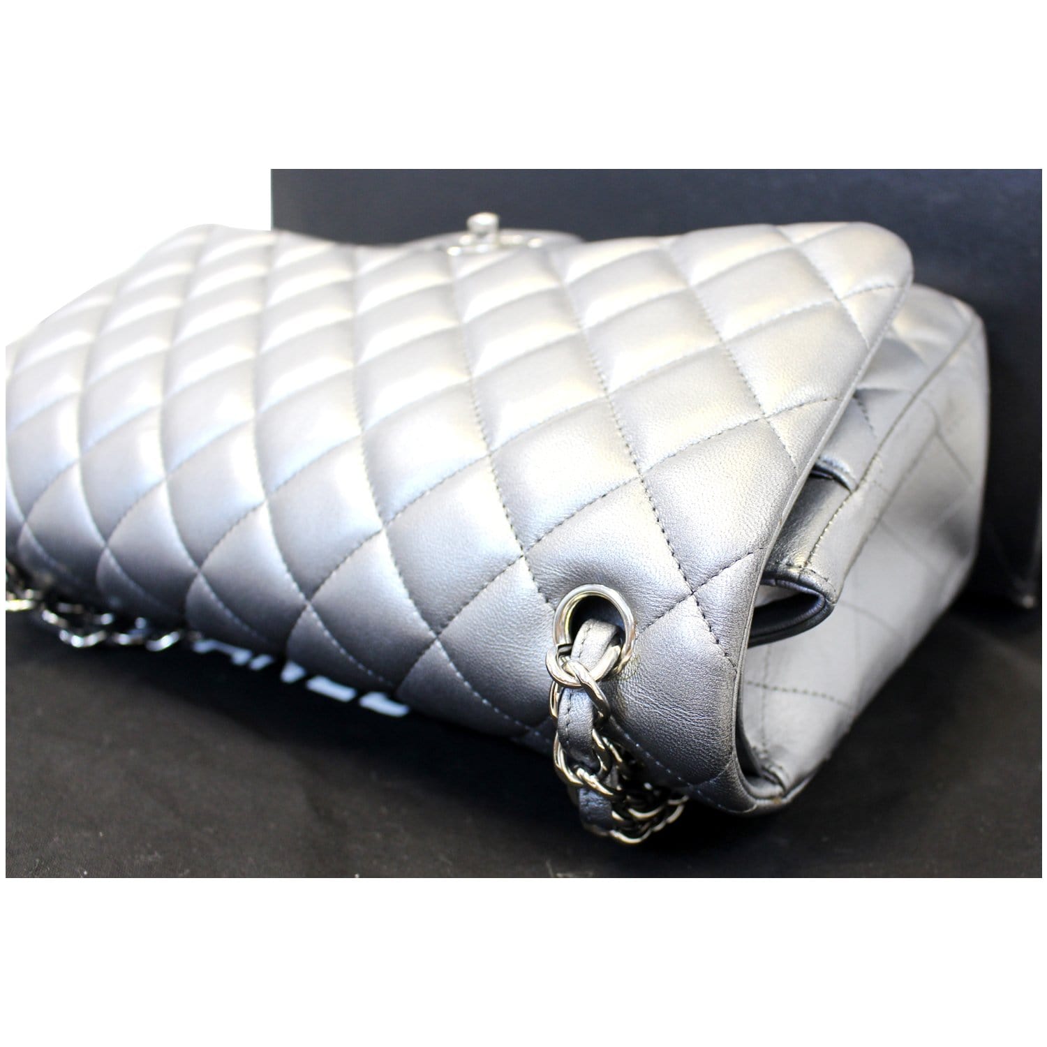 Chanel Jumbo Calfskin Leather Double Flap Silver Shoulder Bag