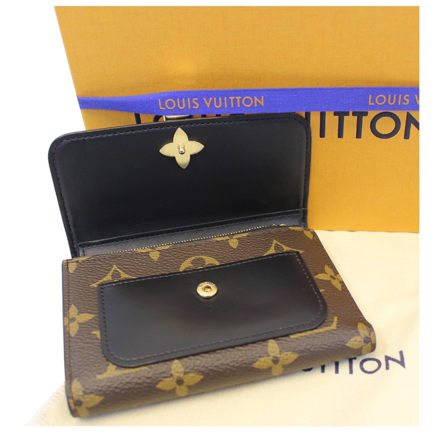 LOUIS VUITTON Flower Lock Monogram Canvas Wallet Black