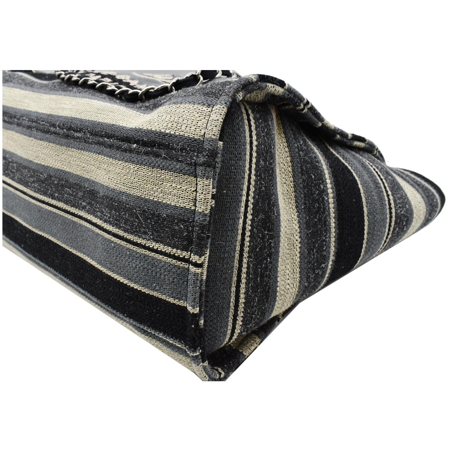 Chanel Deauville Medium Striped Tweed Canvas Tote Bag Black/Grey