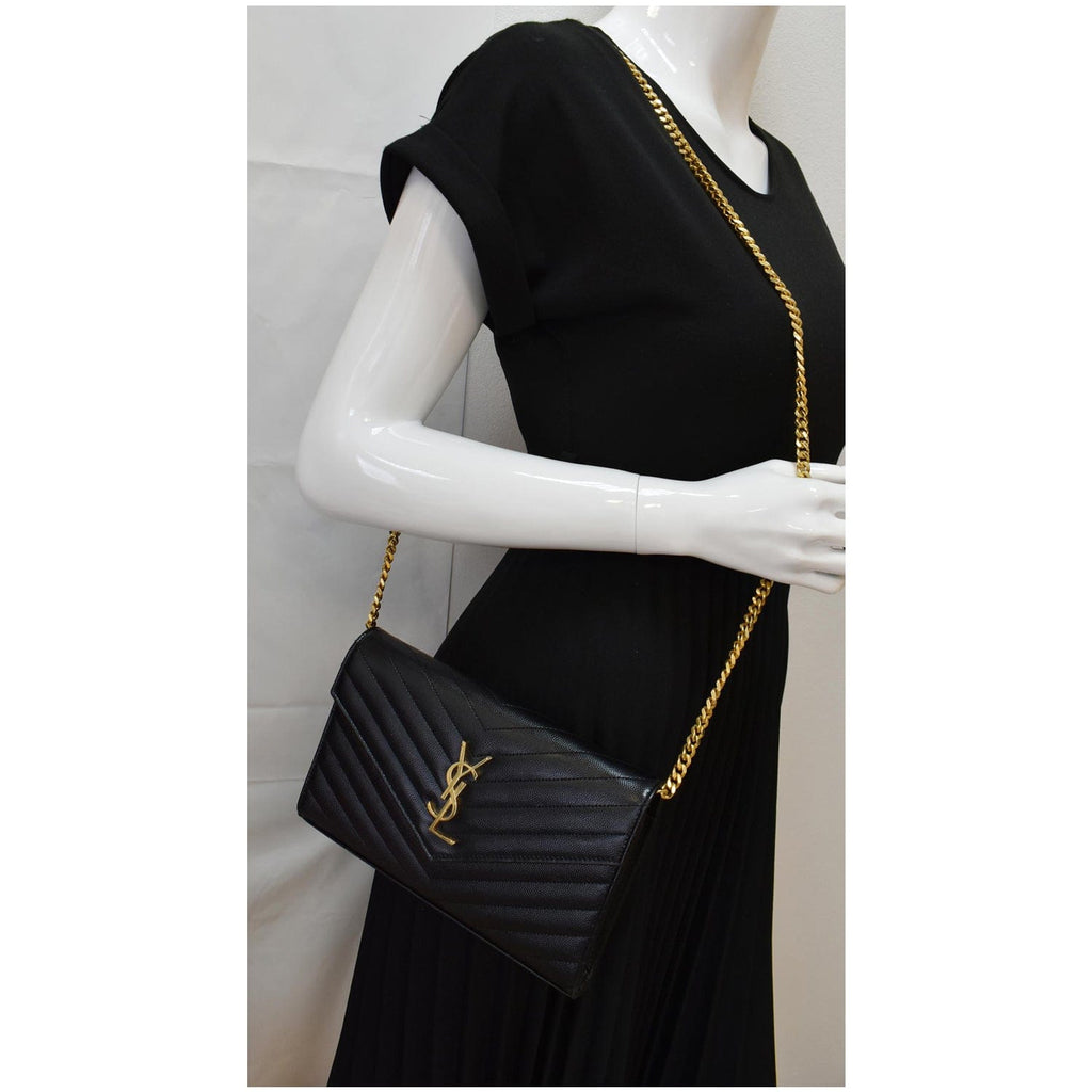 YVES SAINT LAURENT Envelope Monogram Leather Crossbody Chain Wallet Black