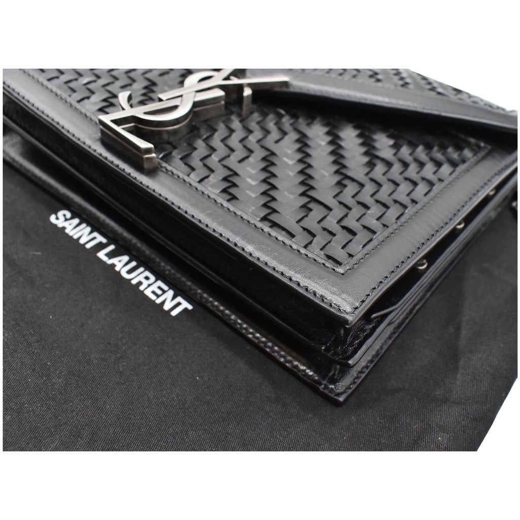 YVES SAINT LAURENT Cassandra Medium Woven Leather Chain Shoulder Bag Black