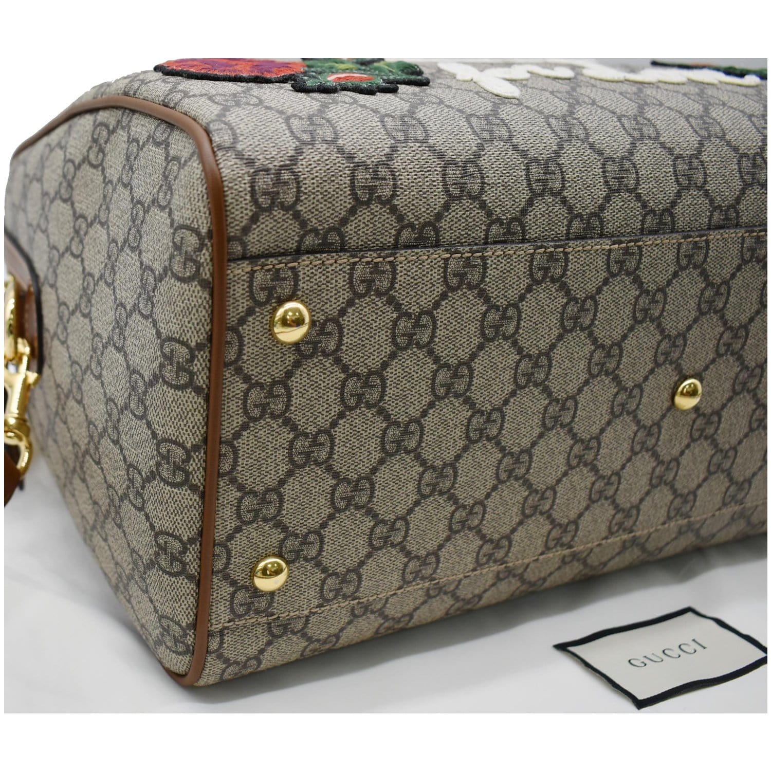 GUCCI Blind for Love Embroidered Gucci Supreme Canvas Boston Bag Maple Brown 409527