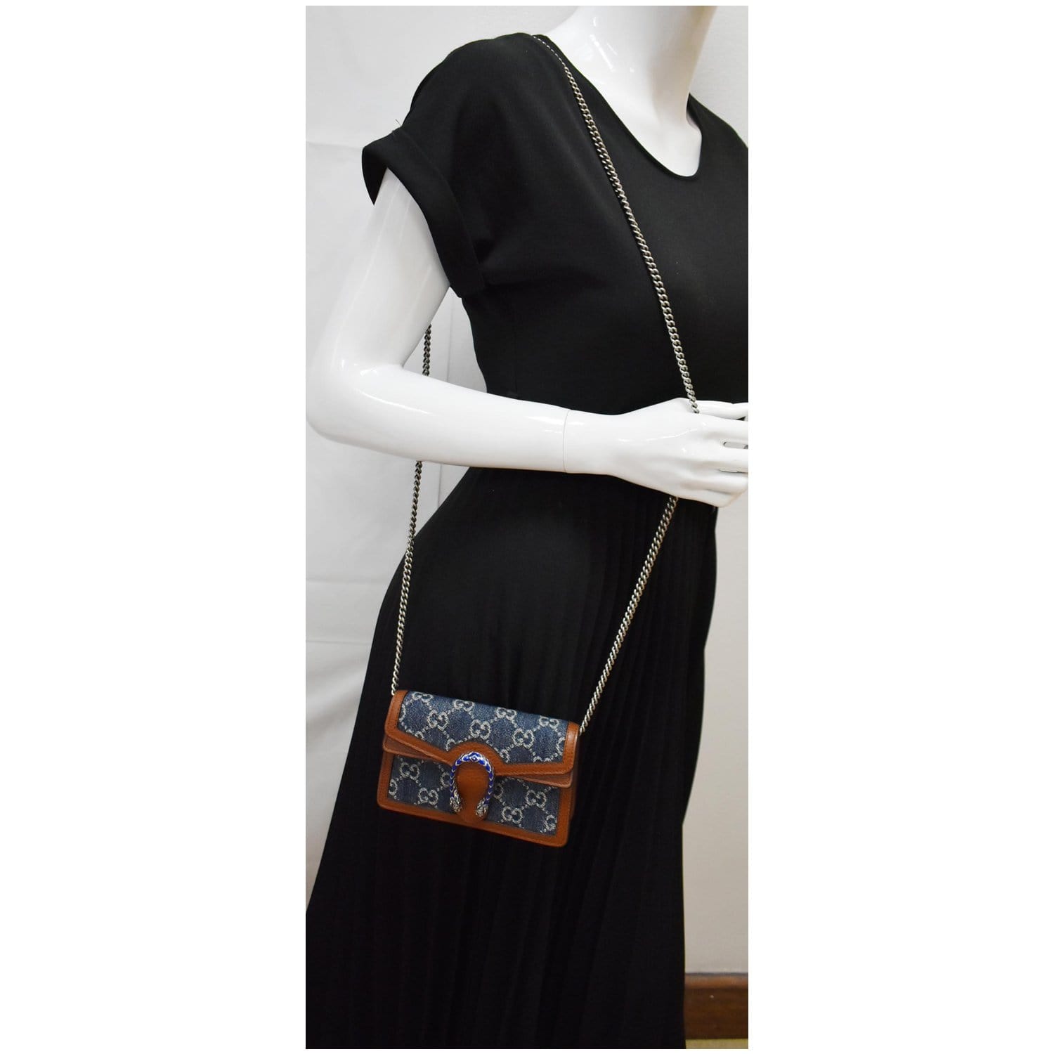 GUCCI Dionysus Super Mini Gucci Jacquard Denim Chain Shoulder Bag Dark Blue 476432
