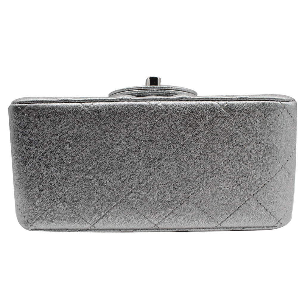 Chanel Mini Square Flap Quilted Leather Shoulder Bag Metallic Silver