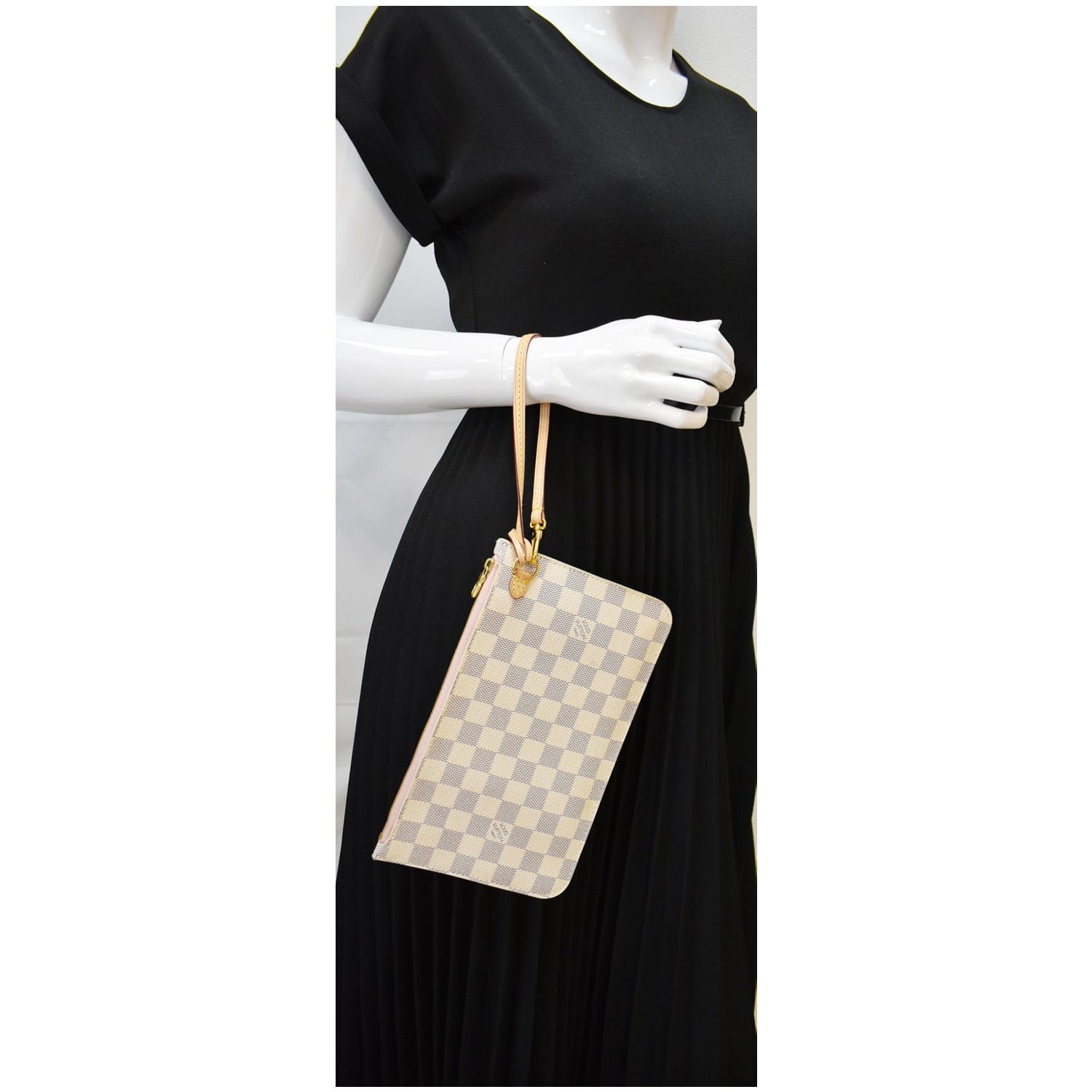 LOUIS VUITTON Neverfull MM Damier Azur Pochette Wristlet Pouch Rose Ballerine