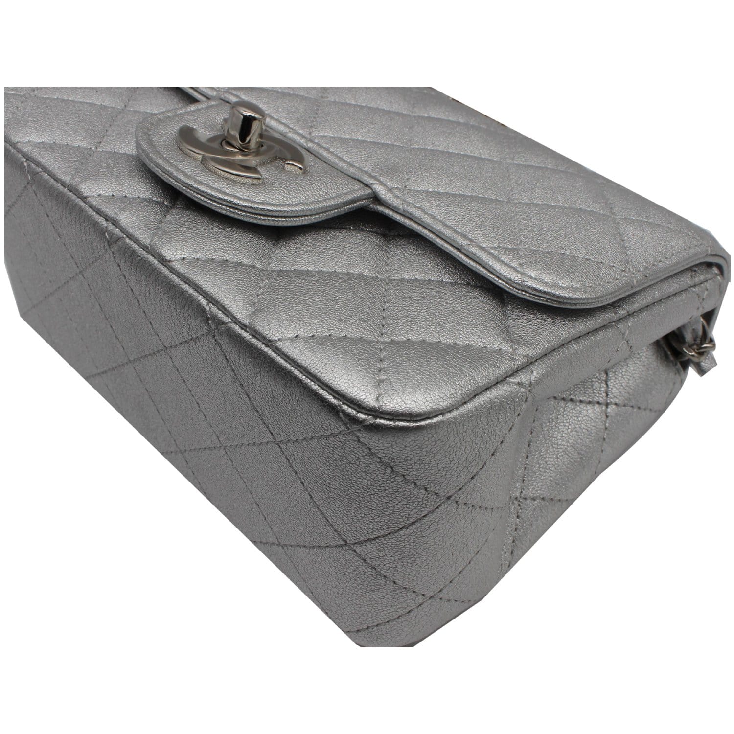 Chanel Mini Square Flap Quilted Leather Shoulder Bag Metallic Silver