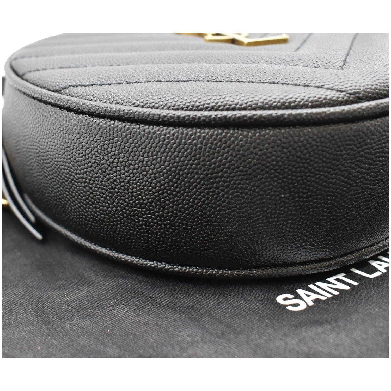 YVES SAINT LAURENT Vinyle Round Chevron Leather Camera Crossbody Bag Black