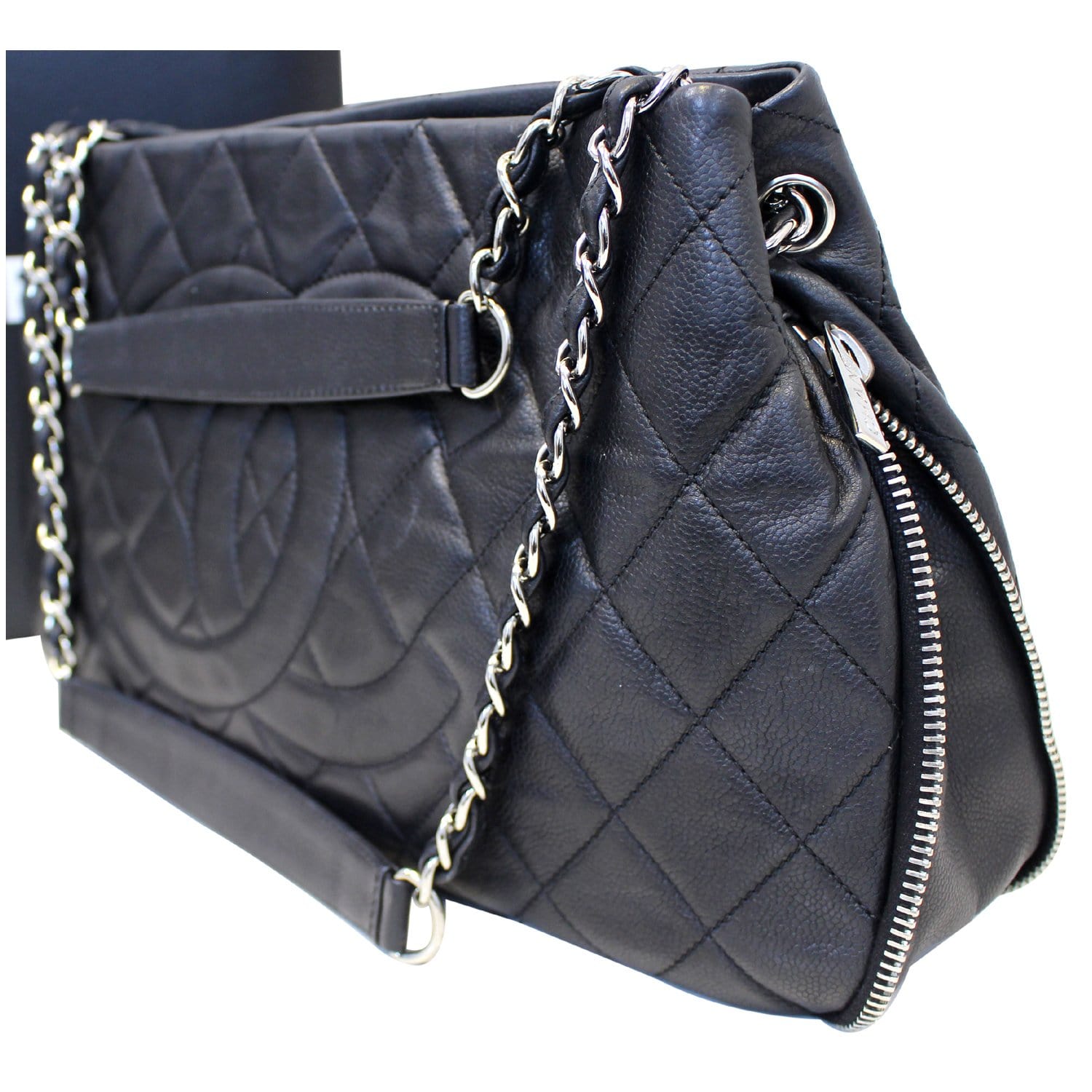 Chanel Black Quilted Caviar Leather Leather Zip Around Tote Bag