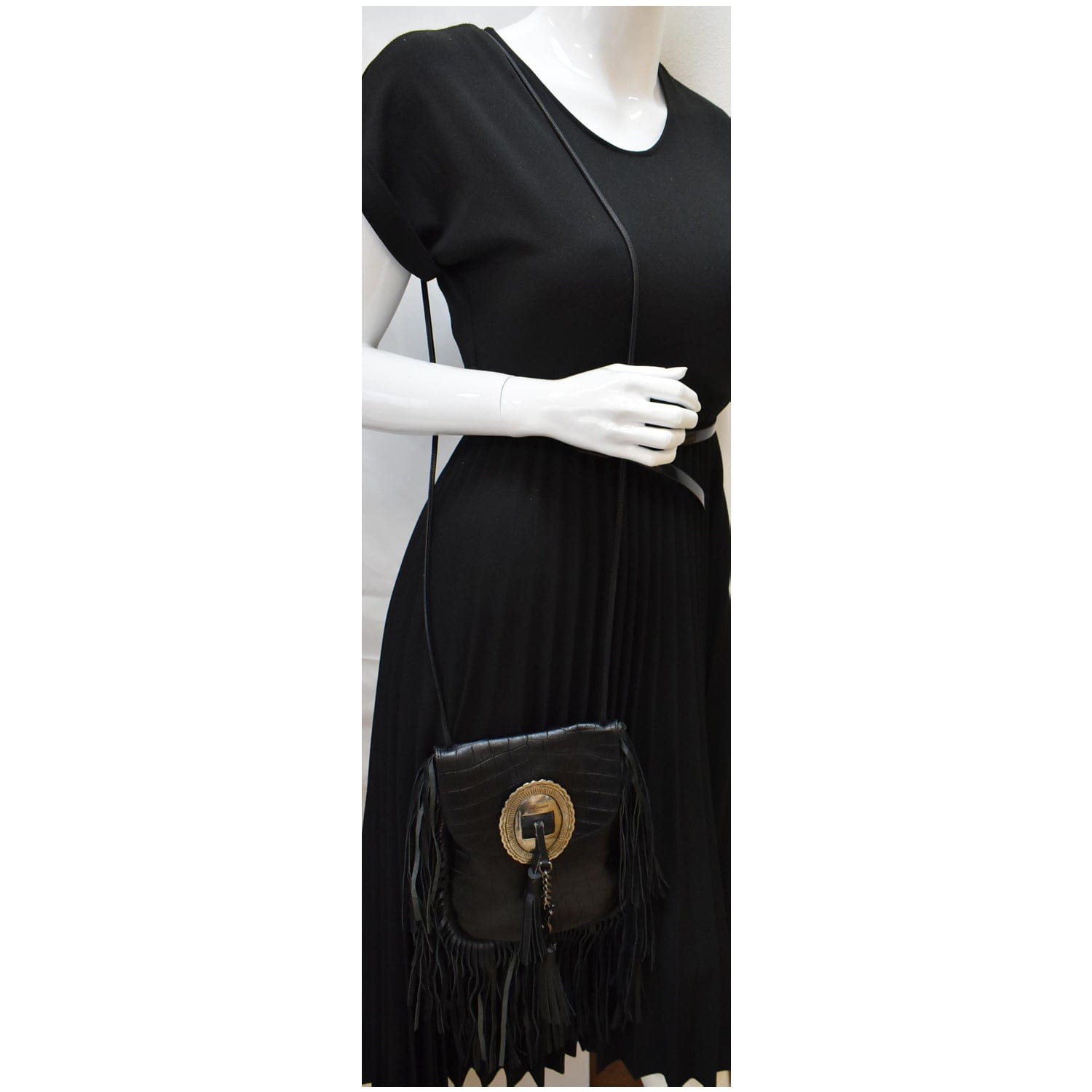 YVES SAINT LAURENT Anita Fringe Leather Crossbody Bag Black