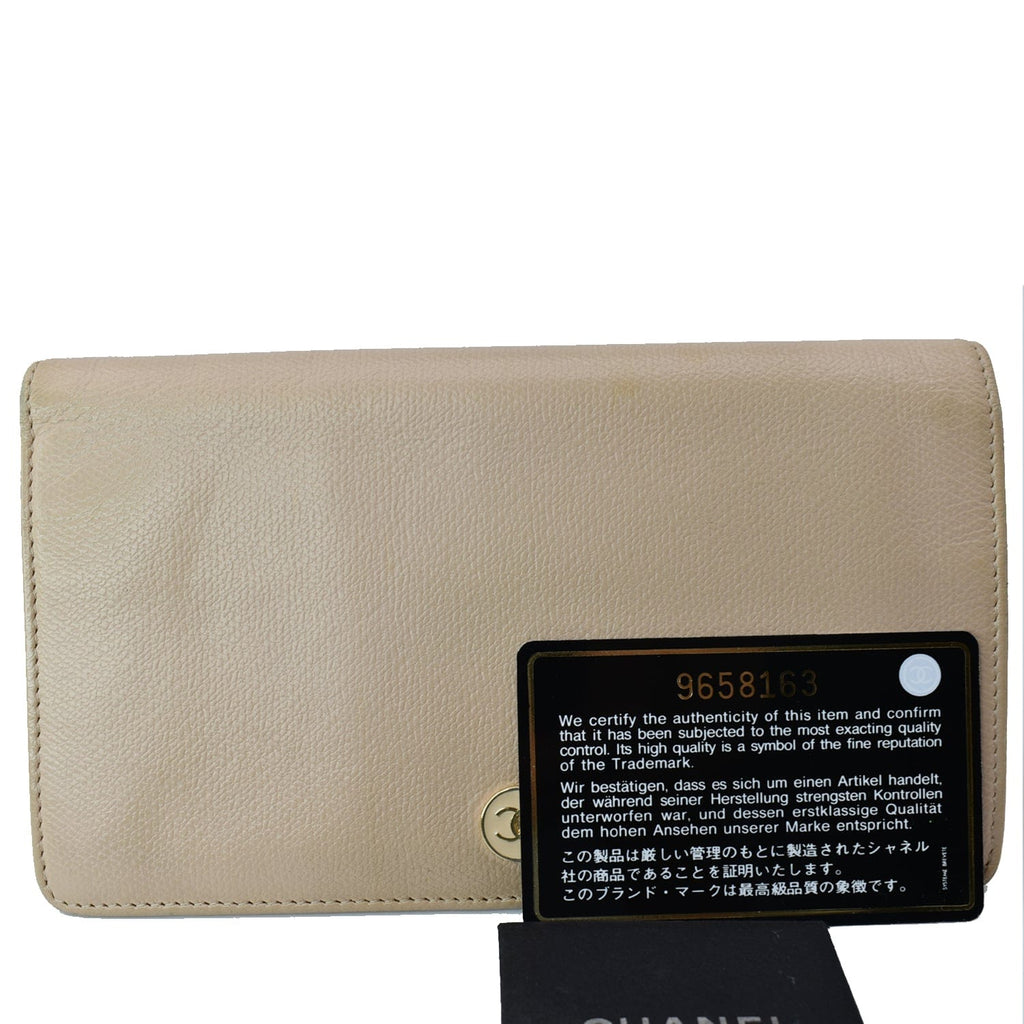 Chanel Long Coco Button Bi-Fold Caviar Leather Wallet Beige