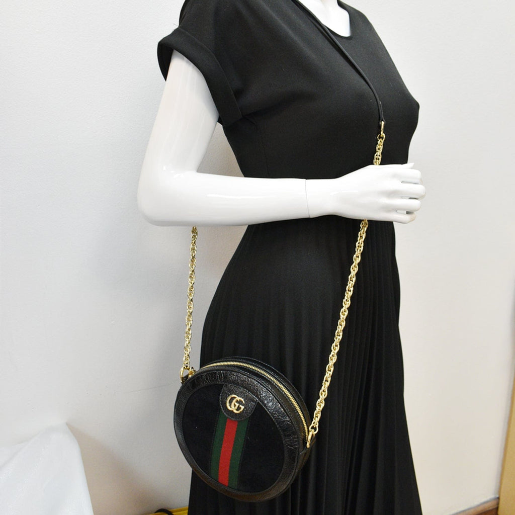 GUCCI Ophidia Mini Gucci Round Web Leather Crossbody Bag Black 550618