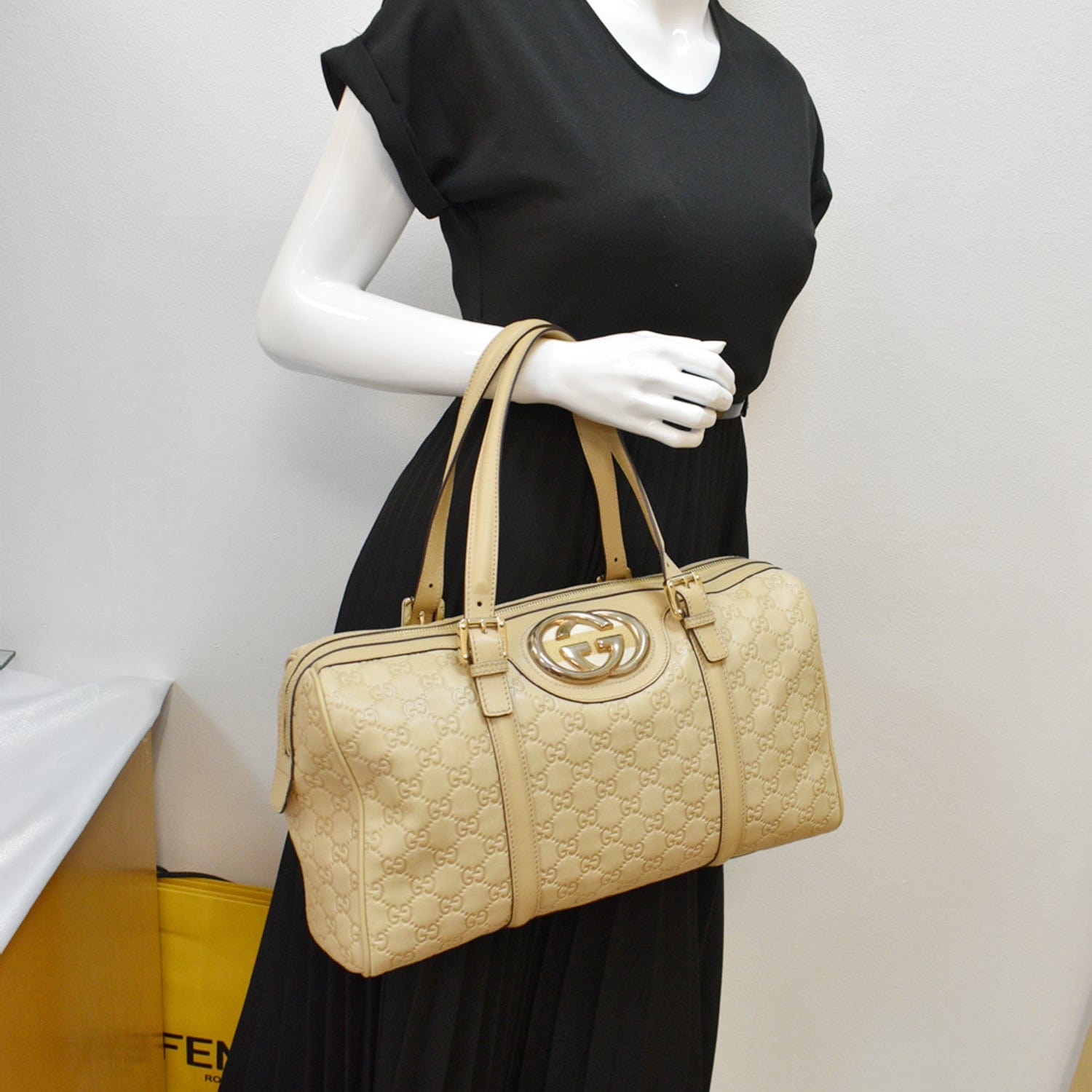 GUCCI Small Britt Guccissima Leather Satchel Bag Beige 170010