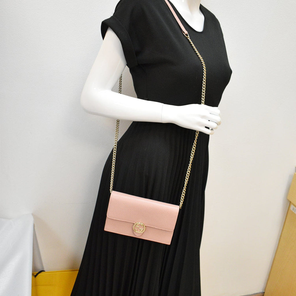 GUCCI Dollar Interlocking G  Leather Chain Wallet Crossbody Bag Soft Pink 510314