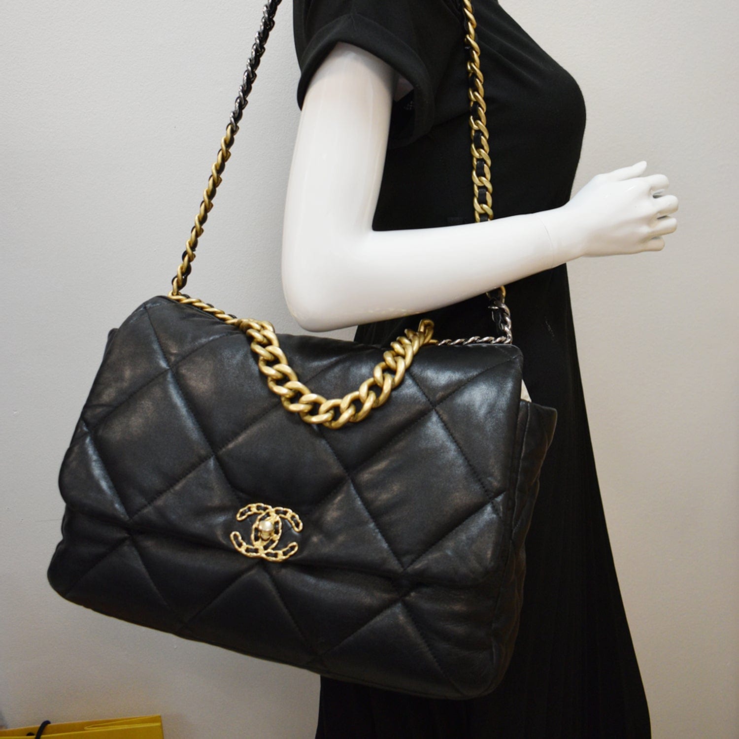 Chanel 19 Large Flap Quilted  Leather Shoulder Bag Black