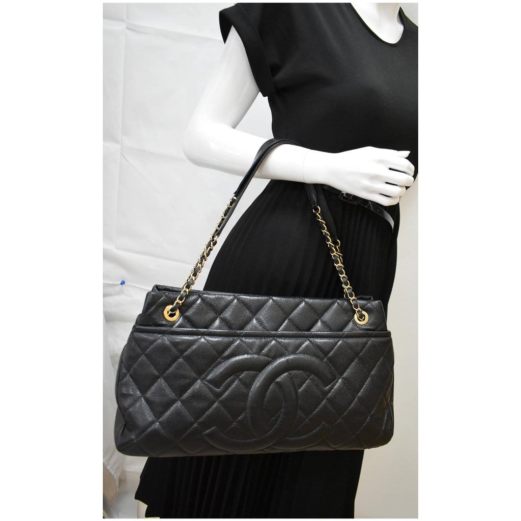 Chanel Timeless CC Soft Quilted Caviar Leather Shopping Tote Bag Black