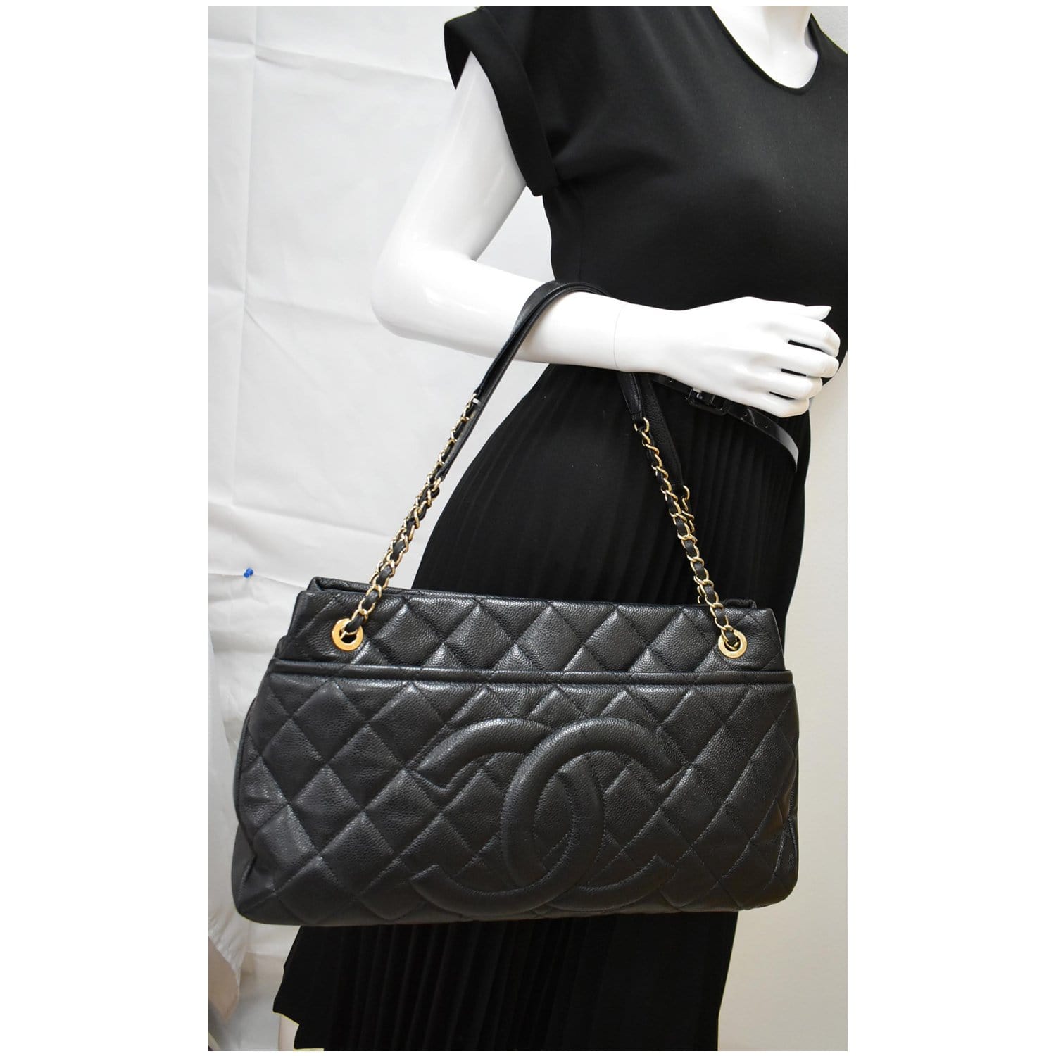 Chanel Timeless CC Soft Quilted Caviar Leather Shopping Tote Bag Black