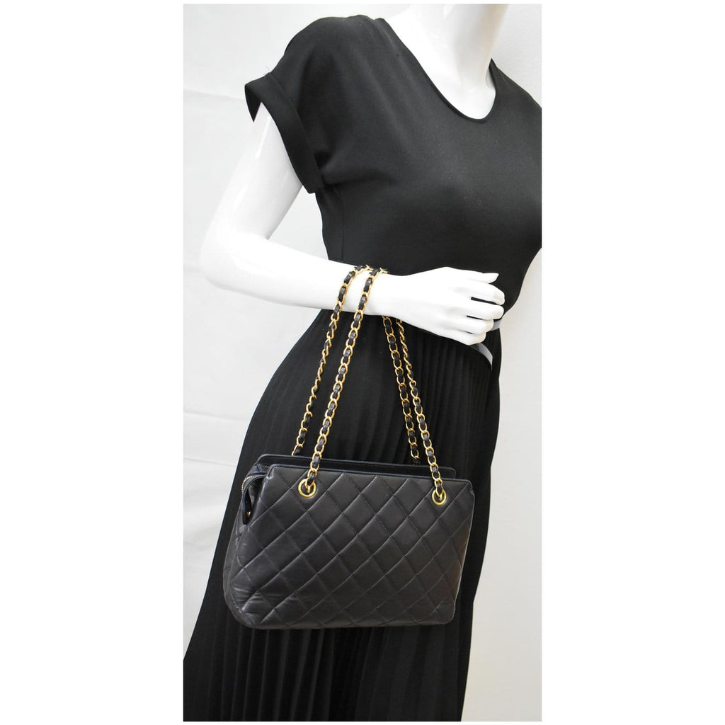 Chanel  Quilted Leather Chain Handle Tote Bag Black
