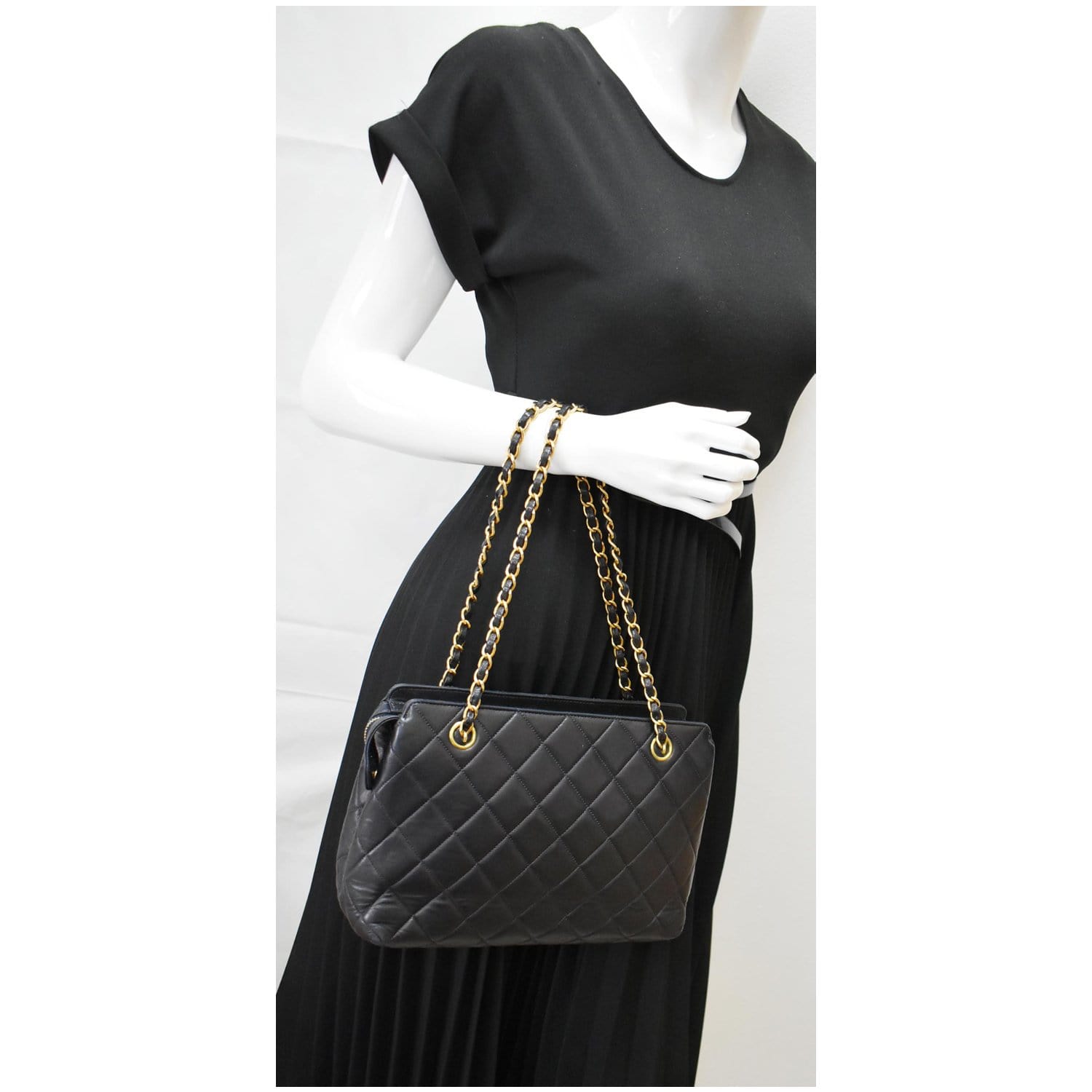 Chanel  Quilted Leather Chain Handle Tote Bag Black