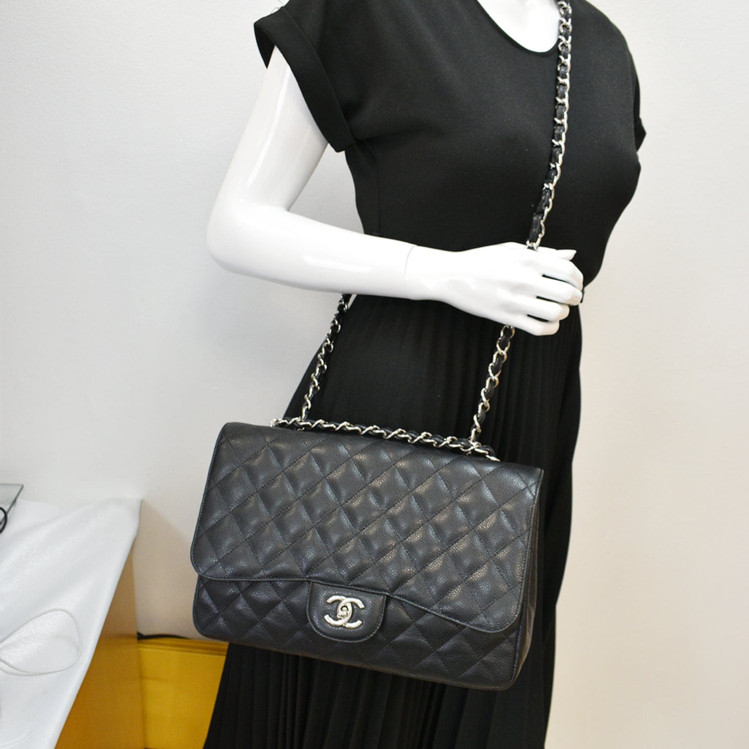 Chanel Jumbo Classic Single Flap Caviar Leather Shoulder Bag Black
