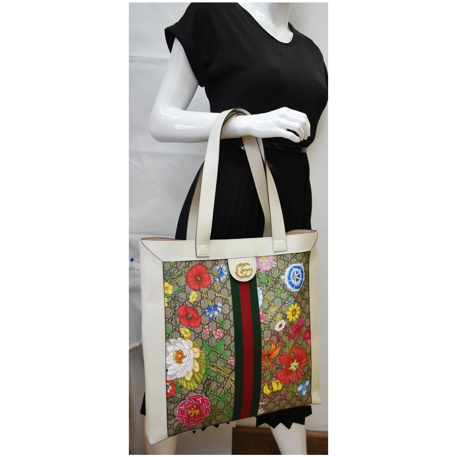 GUCCI Ophidia Gucci Flora Vertical Shopping Tote Bag White 519335