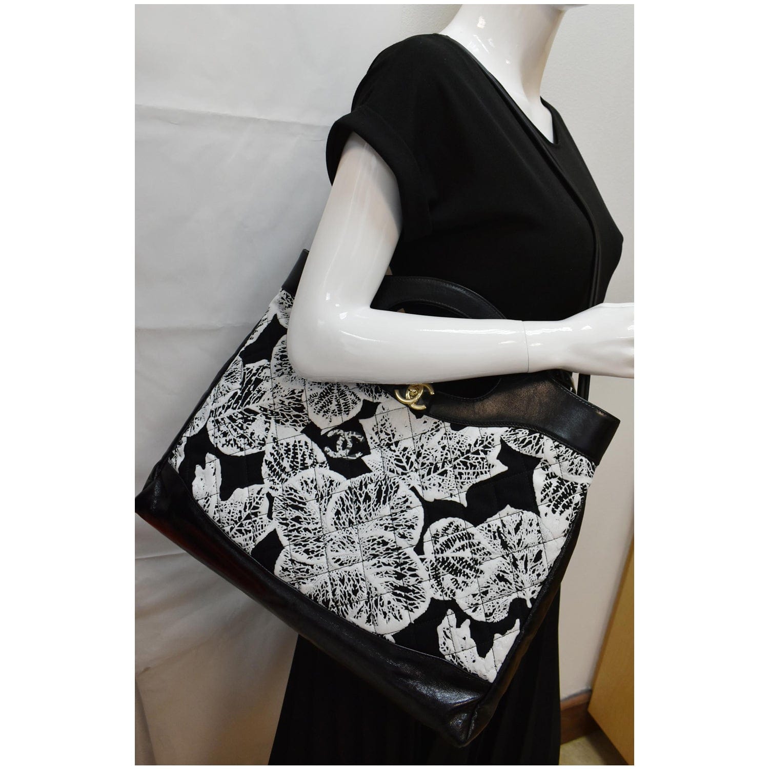Chanel 31 Printed Cotton Leather Shopping Shoulder Bag Black
