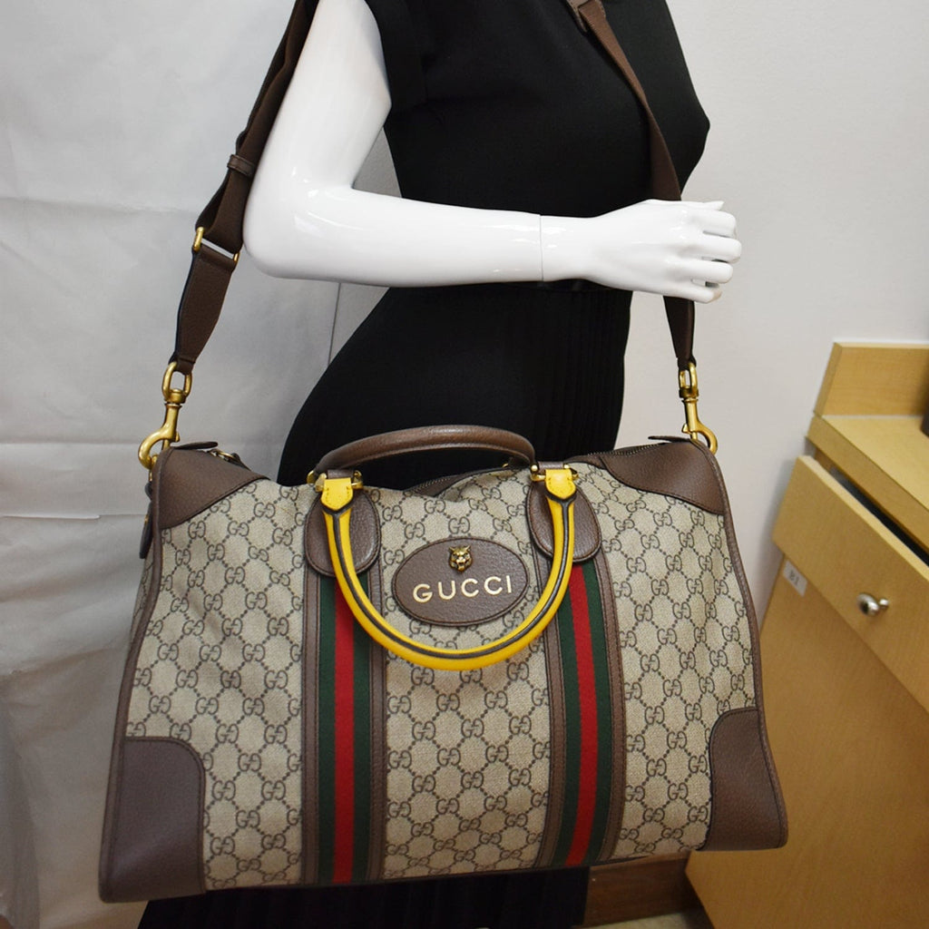 GUCCI Neo  Gucci Supreme Monogram Web Duffel Travel Bag Beige