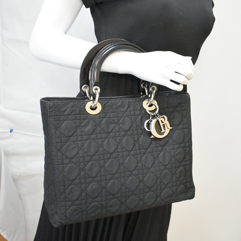 CHRISTIAN DIOR Lady Dior  Nylon Cannage Canvas Tote Bag Black