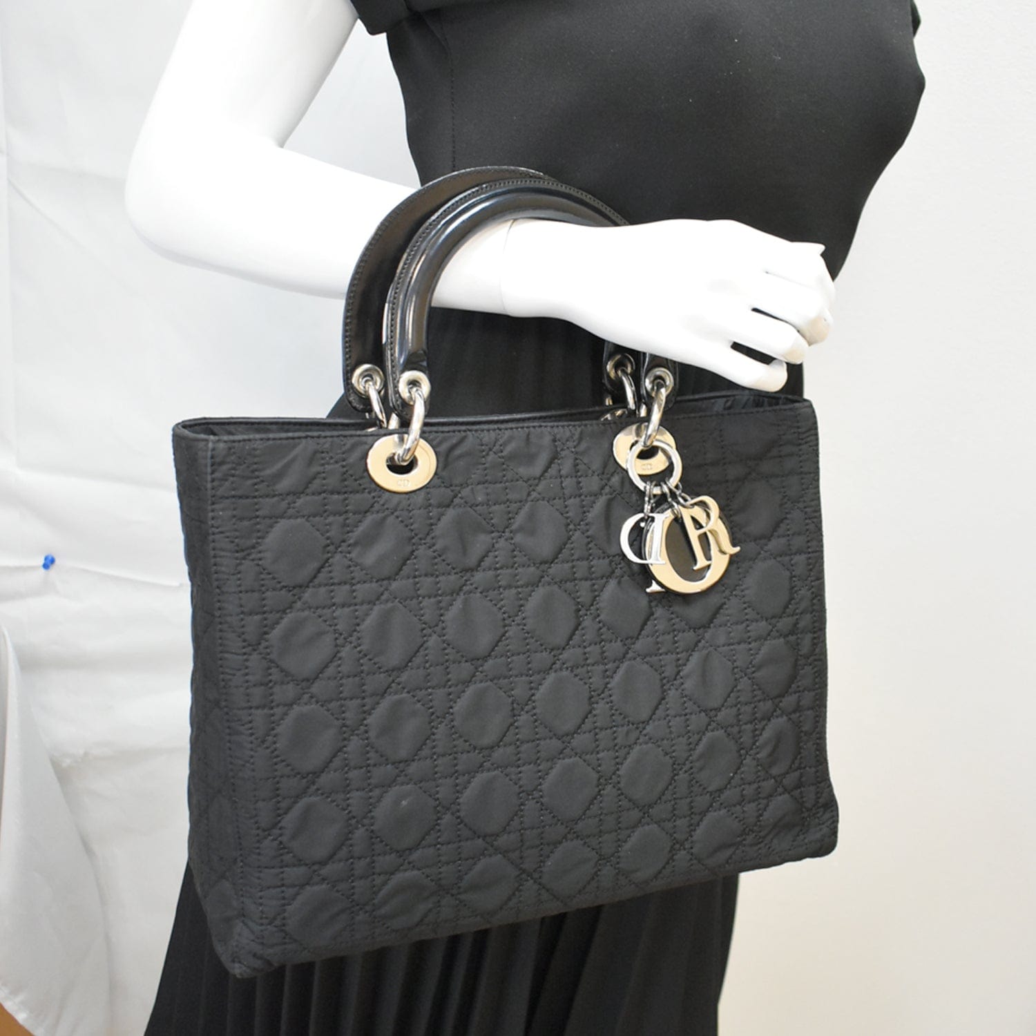 CHRISTIAN DIOR Lady Dior  Nylon Cannage Canvas Tote Bag Black